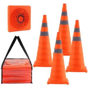 safety cones, 4 pack 28 inch collapsible traffic cones, construction cones with reflective collars, wide base and a storage bag, for traffic control, driving training, parking lots