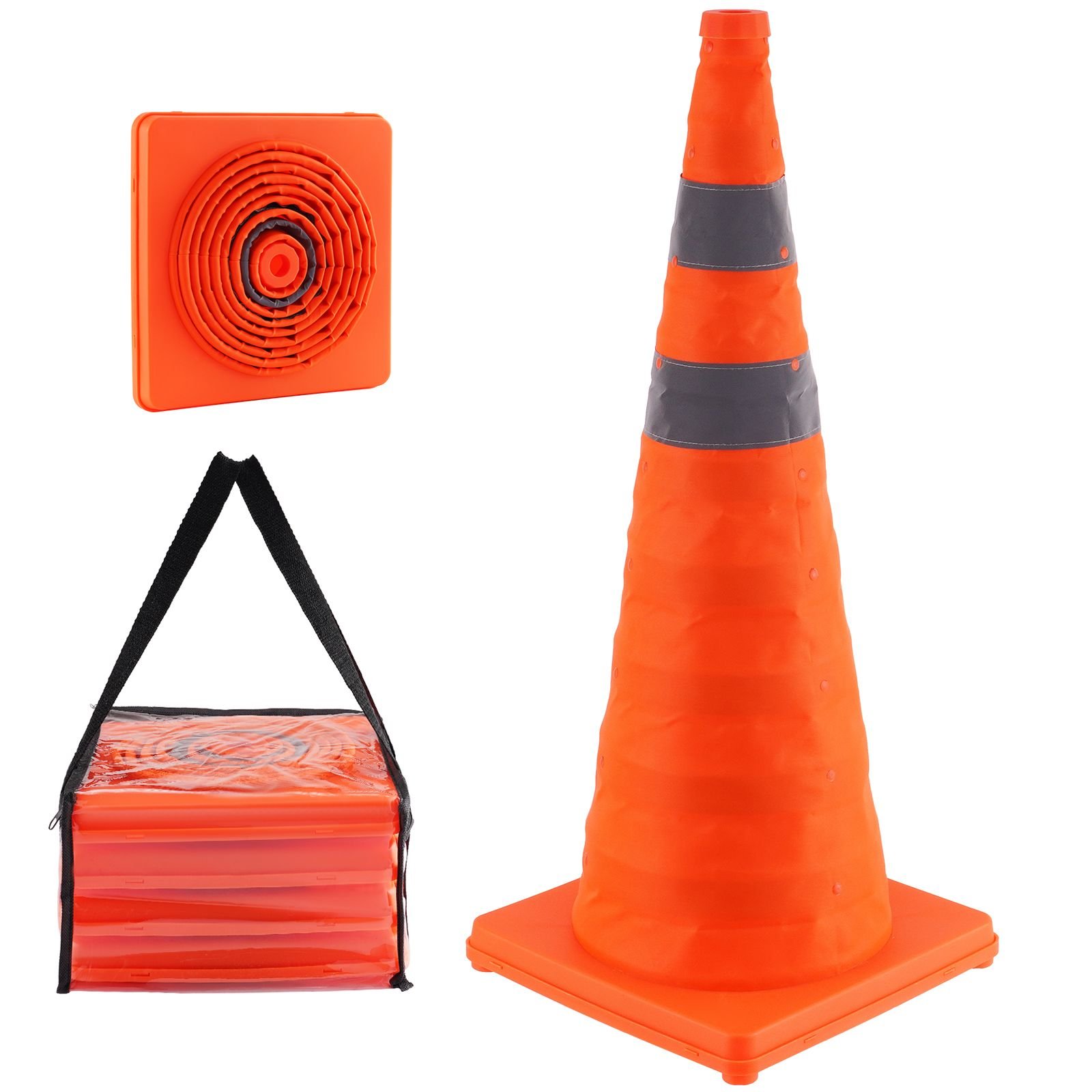 safety cones, 4 pack 28 inch collapsible traffic cones, construction cones with reflective collars, wide base and a storage bag, for traffic control, driving training, parking lots