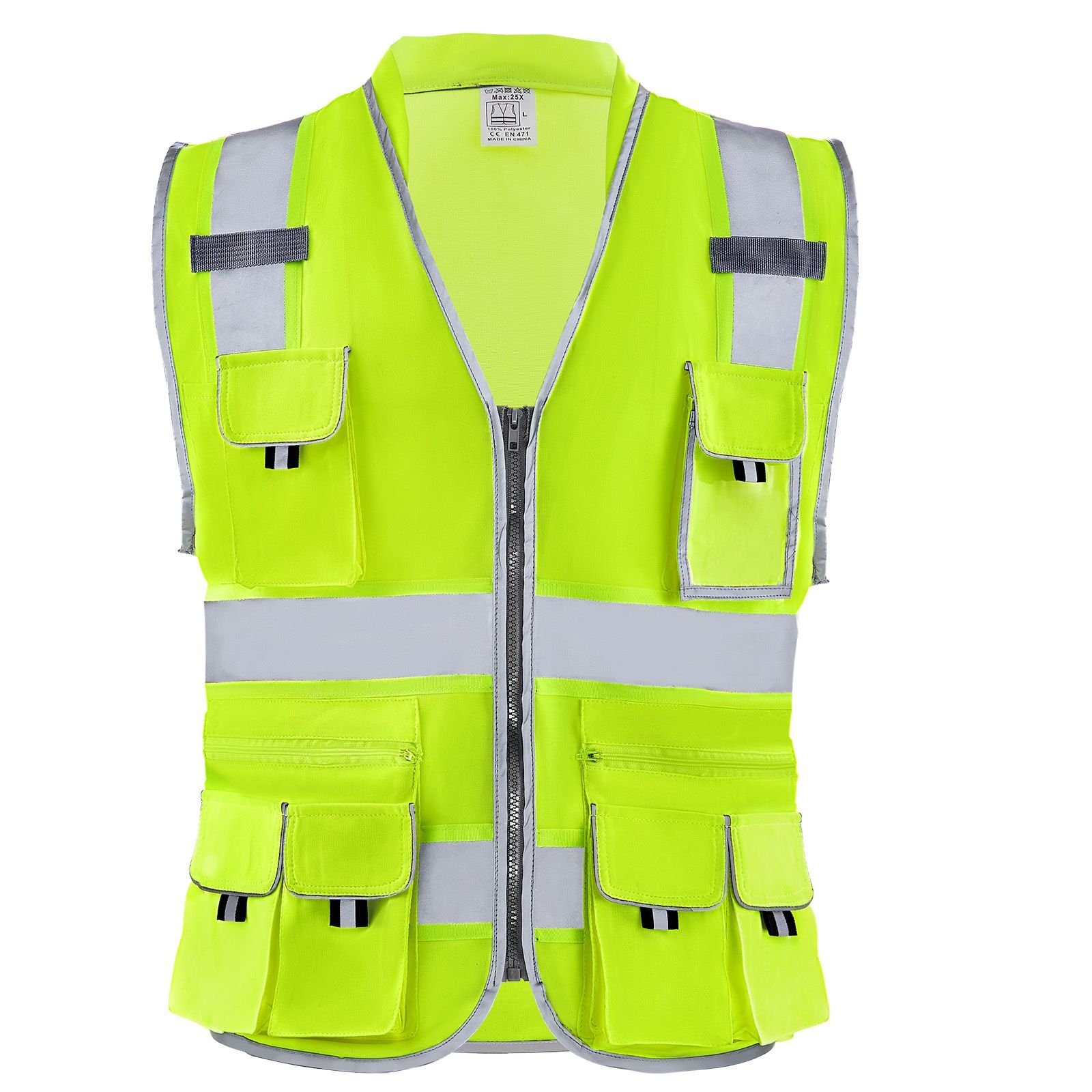 safety vest, 10 pockets yellow safety vest, hi vis zipper front safety vest with reflective strips, high visibility work construction vest with pockets and walkie talkie clip, for men & woman