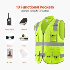 safety vest, 10 pockets yellow safety vest, hi vis zipper front safety vest with reflective strips, high visibility work construction vest with pockets and walkie talkie clip, for men & woman