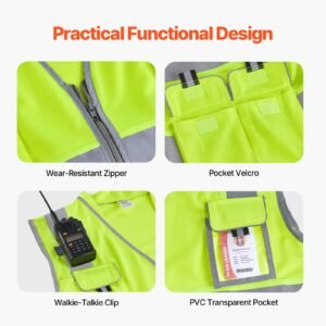 safety vest, 10 pockets yellow safety vest, hi vis zipper front safety vest with reflective strips, high visibility work construction vest with pockets and walkie talkie clip, for men & woman