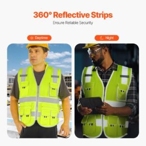 safety vest, 10 pockets yellow safety vest, high visibility zipper front safety vest with reflective strips, hi vis work construction vest with pockets and walkie talkie clip, for men & woman