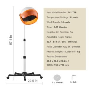 salon grade hair dryer, 1875w powerful stand dryer, adjustable timer & 3 heat/speed options, mobile base with wheels for salon & home use