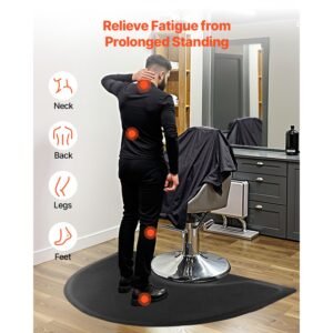 salon mat for hair stylist, 3 x 4 ft semi circle salon chair mat, 1/2 inch thickened anti fatigue barber shop floor mat with round cut out, easy to clean pvc surface & anti trip beveled edges