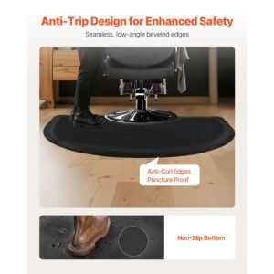 salon mat for hair stylist, 3 x 4 ft semi circle salon chair mat, 1/2 inch thickened anti fatigue barber shop floor mat with round cut out, easy to clean pvc surface & anti trip beveled edges