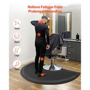 salon mat for hair stylist, 3 x 5 ft semi circle salon chair mat, 1/2 inch thickened anti fatigue barber shop floor mat with round cut out, easy to clean pvc surface & anti trip beveled edges