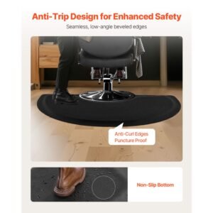 salon mat for hair stylist, 3 x 5 ft semi circle salon chair mat, 1/2 inch thickened anti fatigue barber shop floor mat with round cut out, easy to clean pvc surface & anti trip beveled edges