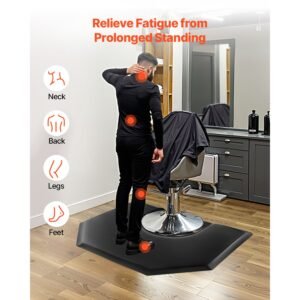 salon mat for hair stylist, 4 x 5 ft hexagon salon chair mat anti fatigue, 1 inch thickened barber shop floor mat with round cut out, easy to clean pvc surface & anti trip beveled edges