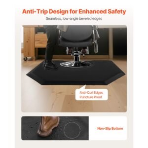 salon mat for hair stylist, 4 x 5 ft hexagon salon chair mat anti fatigue, 1 inch thickened barber shop floor mat with round cut out, easy to clean pvc surface & anti trip beveled edges
