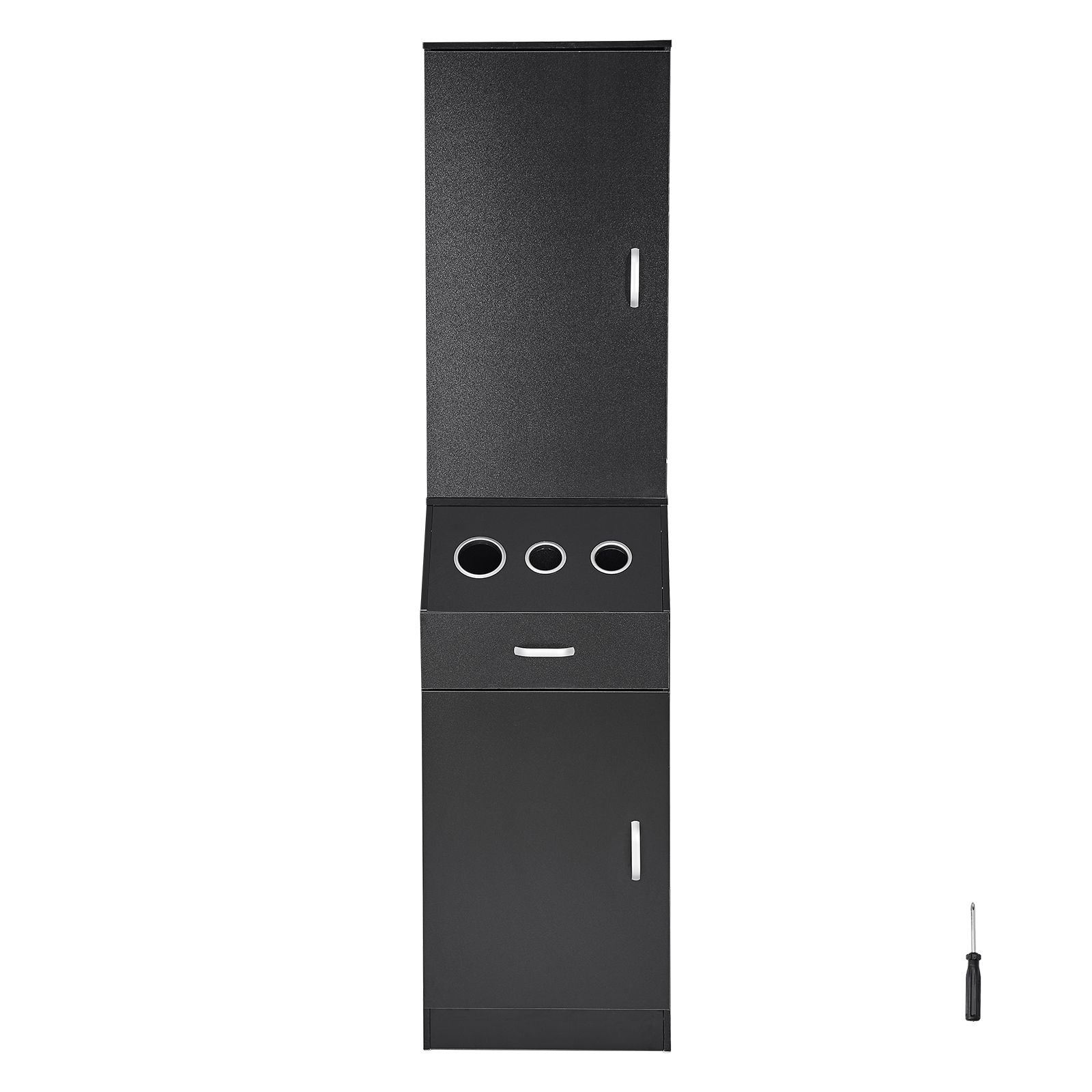 salon organizer, station unit for hair professionals, equipped with 3 holders for hair dryers, storage spaces, and a single drawer, in black