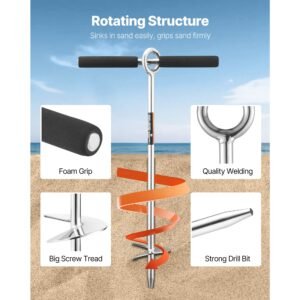 sand anchor, 18 in stainless steel beach anchor, screw in sand boat anchors with spiral blade, shallow water boat auger anchors, for securing jet ski pwc pontoon kayak on beaches and sandbars