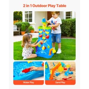 Sand and Water Table for Toddlers, Double-Sided Kids Activity Waterfall Playset with 37PCS Accessories, Kids Activity Sensory Table, Outdoor Summer Sand Water Play Table for 3+ Years Boys Girls