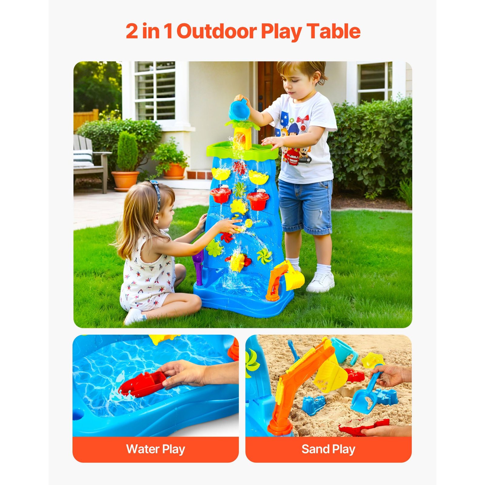 sand and water table for toddlers, double sided kids activity waterfall playset with 37pcs accessories, kids activity sensory table, outdoor summer sand water play table for 3+ years boys girls