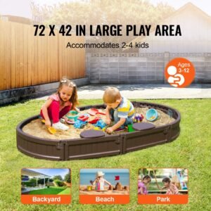 sandbox with cover, 72 x 41.5 x 9.1 in oval sand box, hdpe sand pit with 4 corner seating and bottom liner, kids sandbox for outdoor backyard, beach, park, gift for boys girls ages 3 12, brown