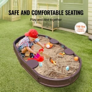 sandbox with cover, 72 x 41.5 x 9.1 in oval sand box, hdpe sand pit with 4 corner seating and bottom liner, kids sandbox for outdoor backyard, beach, park, gift for boys girls ages 3 12, brown