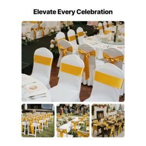 satin chair sashes bows, 100pcs chair ribbon ties back sash, 7 x 108 inch, gold wedding reception decoration, for wedding ceremony baby shower party events banquet chair cover decoration