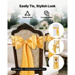 satin chair sashes bows, 100pcs chair ribbon ties back sash, 7 x 108 inch, gold wedding reception decoration, for wedding ceremony baby shower party events banquet chair cover decoration