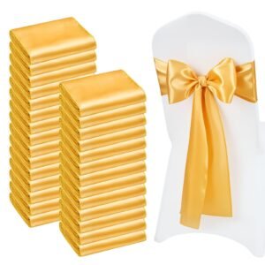 Satin Chair Sashes Bows, 100PCS Chair Ribbon Ties Back Sash, 7 x 108 inch, Gold Wedding Reception Decoration, for Wedding Ceremony Baby Shower Party Events Banquet Chair Cover Decoration