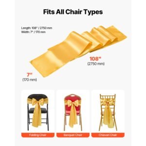 satin chair sashes bows, 100pcs chair ribbon ties back sash, 7 x 108 inch, gold wedding reception decoration, for wedding ceremony baby shower party events banquet chair cover decoration