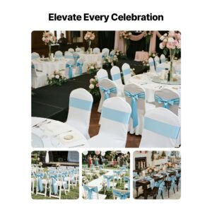 satin chair sashes bows, 100pcs chair ribbon ties back sash, 7 x 108 inch, light blue wedding reception decoration, for wedding ceremony baby shower party events banquet chair cover decoration