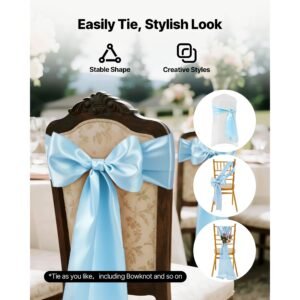 satin chair sashes bows, 100pcs chair ribbon ties back sash, 7 x 108 inch, light blue wedding reception decoration, for wedding ceremony baby shower party events banquet chair cover decoration