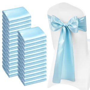 Satin Chair Sashes Bows, 100PCS Chair Ribbon Ties Back Sash, 7 x 108 inch, Light Blue Wedding Reception Decoration, for Wedding Ceremony Baby Shower Party Events Banquet Chair Cover Decoration