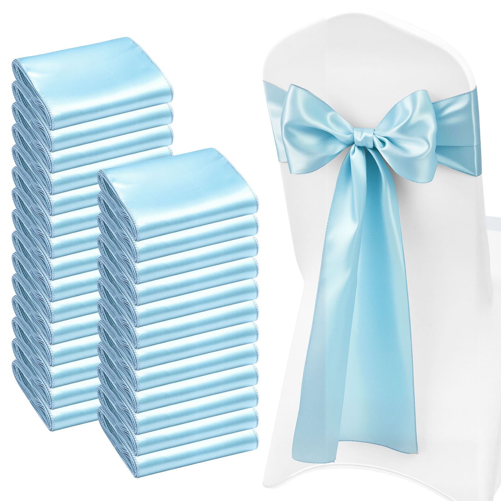 satin chair sashes bows, 100pcs chair ribbon ties back sash, 7 x 108 inch, light blue wedding reception decoration, for wedding ceremony baby shower party events banquet chair cover decoration