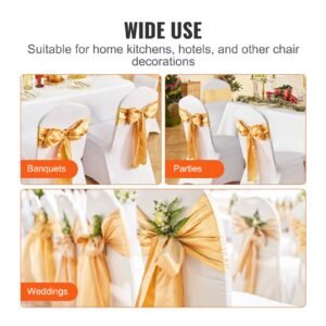 satin chair sashes bows, 50pcs chair ribbon ties back sash, 7 x 108 inch, gold wedding reception decoration, for wedding ceremony baby shower party events banquet chair cover decoration