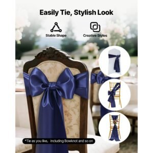 satin chair sashes bows, 50pcs chair ribbon ties back sash, 7 x 108 inch, navy blue wedding reception decoration, for wedding ceremony baby shower party events banquet chair cover decoration