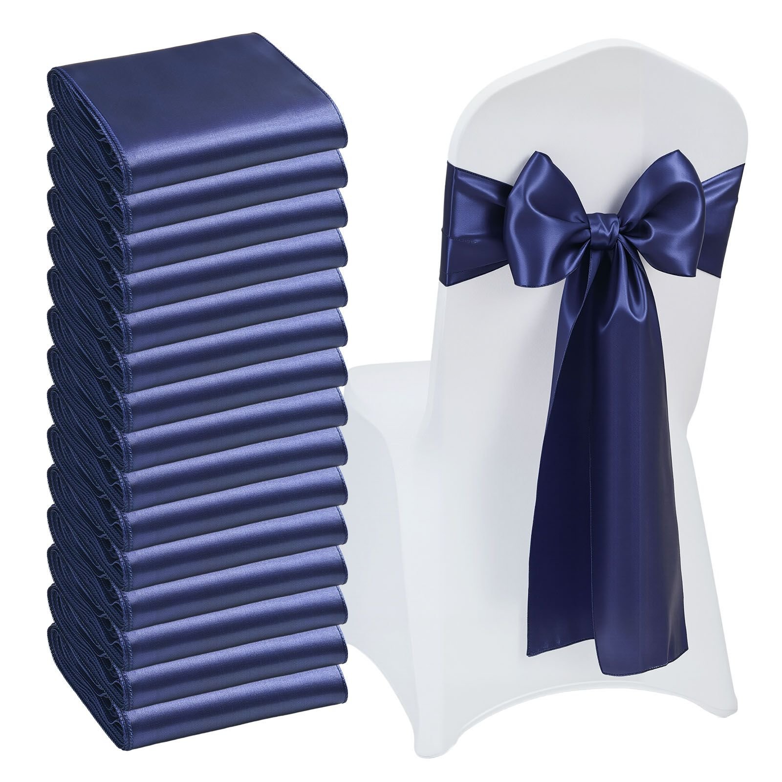 satin chair sashes bows, 50pcs chair ribbon ties back sash, 7 x 108 inch, navy blue wedding reception decoration, for wedding ceremony baby shower party events banquet chair cover decoration