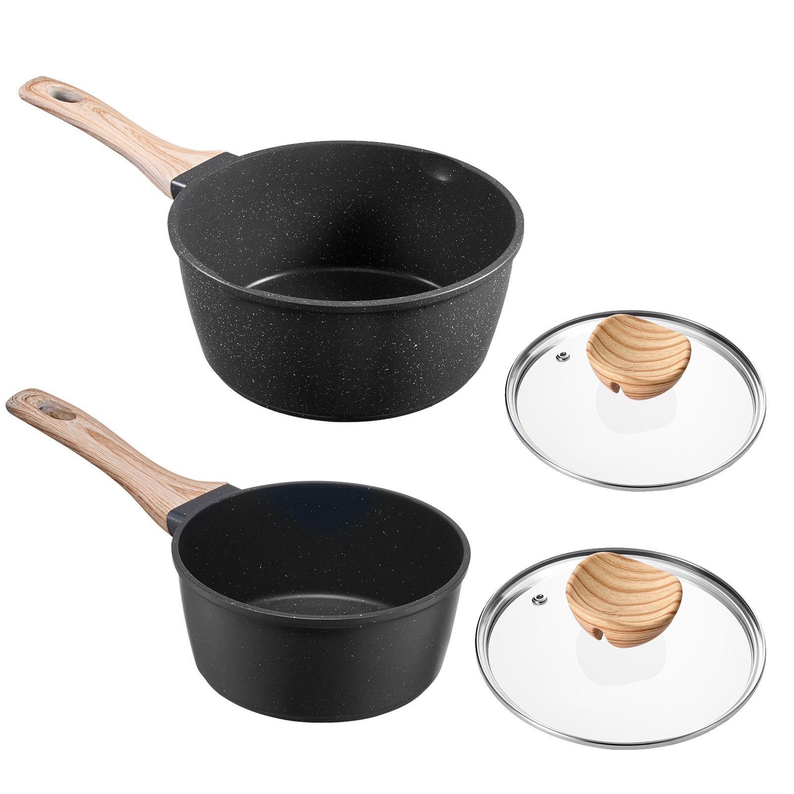 saucepan set, 1.5 qt & 2.5 qt nonstick saucepan with glass lids, multipurpose cooking sauce pots with detachable handles, sauce pan kitchen cooking pot with coating, induction compatible, black