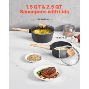 saucepan set, 1.5 qt & 2.5 qt nonstick saucepan with glass lids, multipurpose cooking sauce pots with detachable handles, sauce pan kitchen cooking pot with coating, induction compatible, black