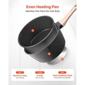 saucepan set, 1.5 qt & 2.5 qt nonstick saucepan with glass lids, multipurpose cooking sauce pots with detachable handles, sauce pan kitchen cooking pot with coating, induction compatible, black