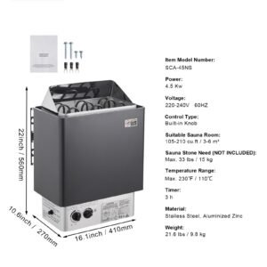 sauna heater, 4.5kw 220v electric sauna stove, steam bath sauna heater with built in controls, 3h timer and adjustable temp for max. 105 210 cubic feet, home hotel shower use, fcc certification