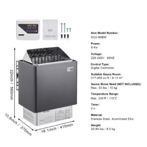 sauna heater, 9kw 220v electric sauna stove, steam bath sauna heater with external digital controller, 3h timer and adjustable temp for max. 317 459 cubic feet, home hotel spa shower use