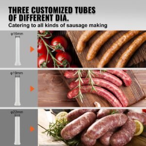 sausage stuffer, 2.5lbs/1.5l capacity, 304 stainless steel vertical sausage stuffer, sausage filling machine with 3 stuffing tubes, suction base and manual crank for household or commercial use