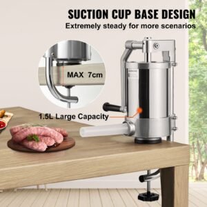 sausage stuffer, 2.5lbs/1.5l capacity, 304 stainless steel vertical sausage stuffer, sausage filling machine with 3 stuffing tubes, suction base and manual crank for household or commercial use