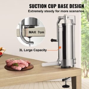 sausage stuffer, 5lbs/3l capacity, 304 stainless steel vertical sausage stuffer, sausage filling machine with 3 stuffing tubes, suction base and manual crank for household or commercial use