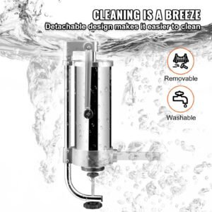 sausage stuffer, 5lbs/3l capacity, 304 stainless steel vertical sausage stuffer, sausage filling machine with 3 stuffing tubes, suction base and manual crank for household or commercial use