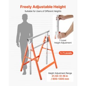 saw horses, 2 pack folding work horses, 440 lbs load capacity sawhorse with heavy duty legs, adjustable height saw horse with non slip foot pads, for woodworking, carpenters & contractors