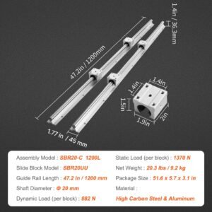 sbr20 1200mm linear guide set, comes with two 47.2 inch sbr20 rails and four sbr20uu bearings, perfect for crafting cnc routers and automation equipment