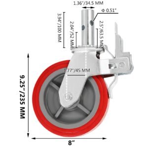 scaffolding wheels set of 4, 8" scaffolding casters heavy duty, 3200 lbs per set locking stem casters with brake, red polyurethane replacement for scaffold, shelves, workbench