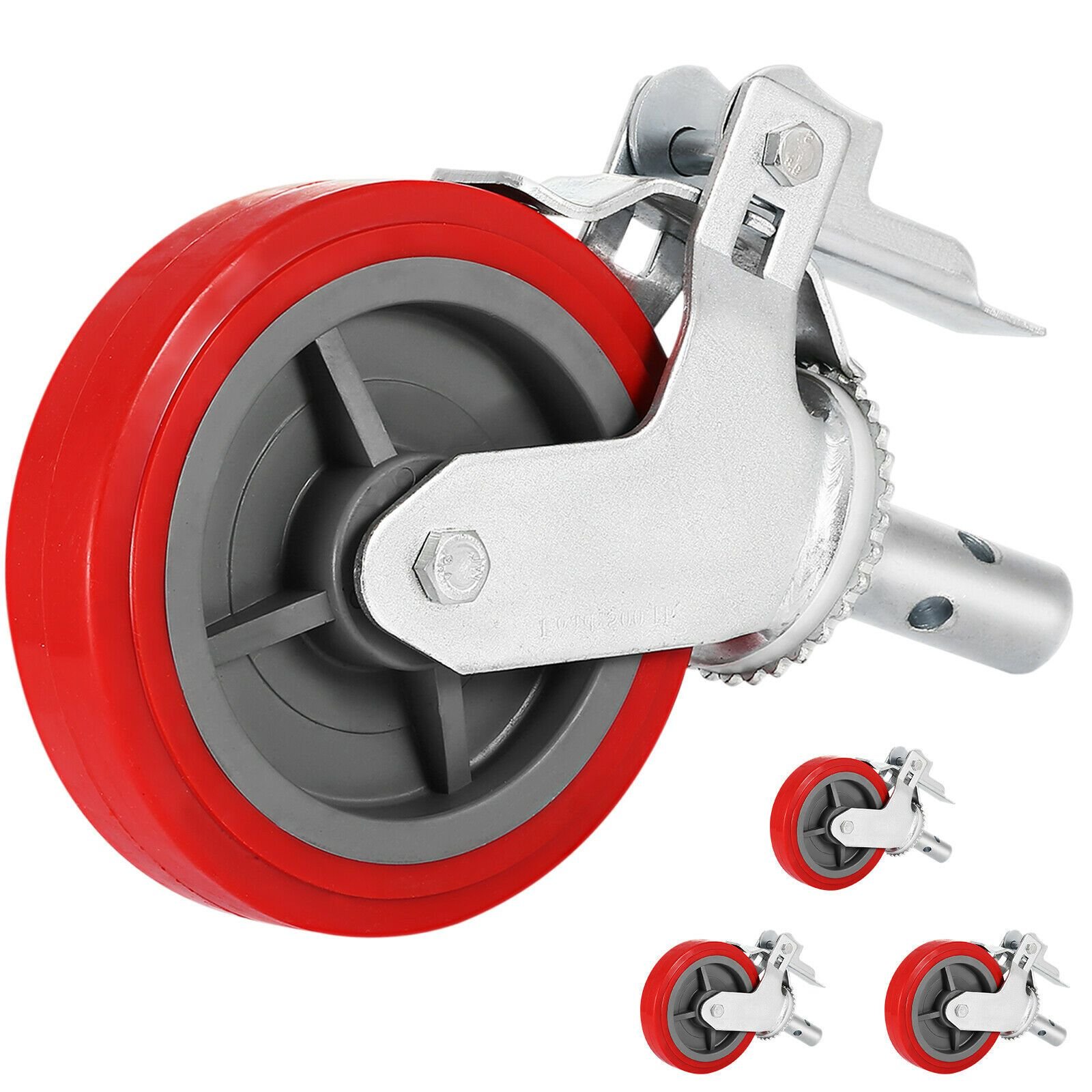 scaffolding wheels set of 4, 8" scaffolding casters heavy duty, 3200 lbs per set locking stem casters with brake, red polyurethane replacement for scaffold, shelves, workbench
