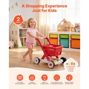 scan & sort kids shopping cart, for kids 2+, toy shopping cart with pretend food, lights & sound, pretend play grocery store toy trolley, adjustable height baby push walker, for toddlers ages 2+