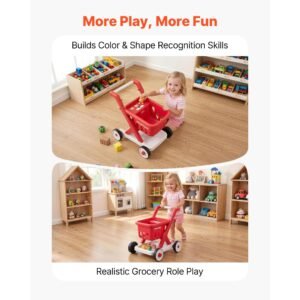 scan & sort kids shopping cart, for kids 2+, toy shopping cart with pretend food, lights & sound, pretend play grocery store toy trolley, adjustable height baby push walker, for toddlers ages 2+