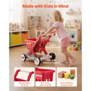 scan & sort kids shopping cart, for kids 2+, toy shopping cart with pretend food, lights & sound, pretend play grocery store toy trolley, adjustable height baby push walker, for toddlers ages 2+