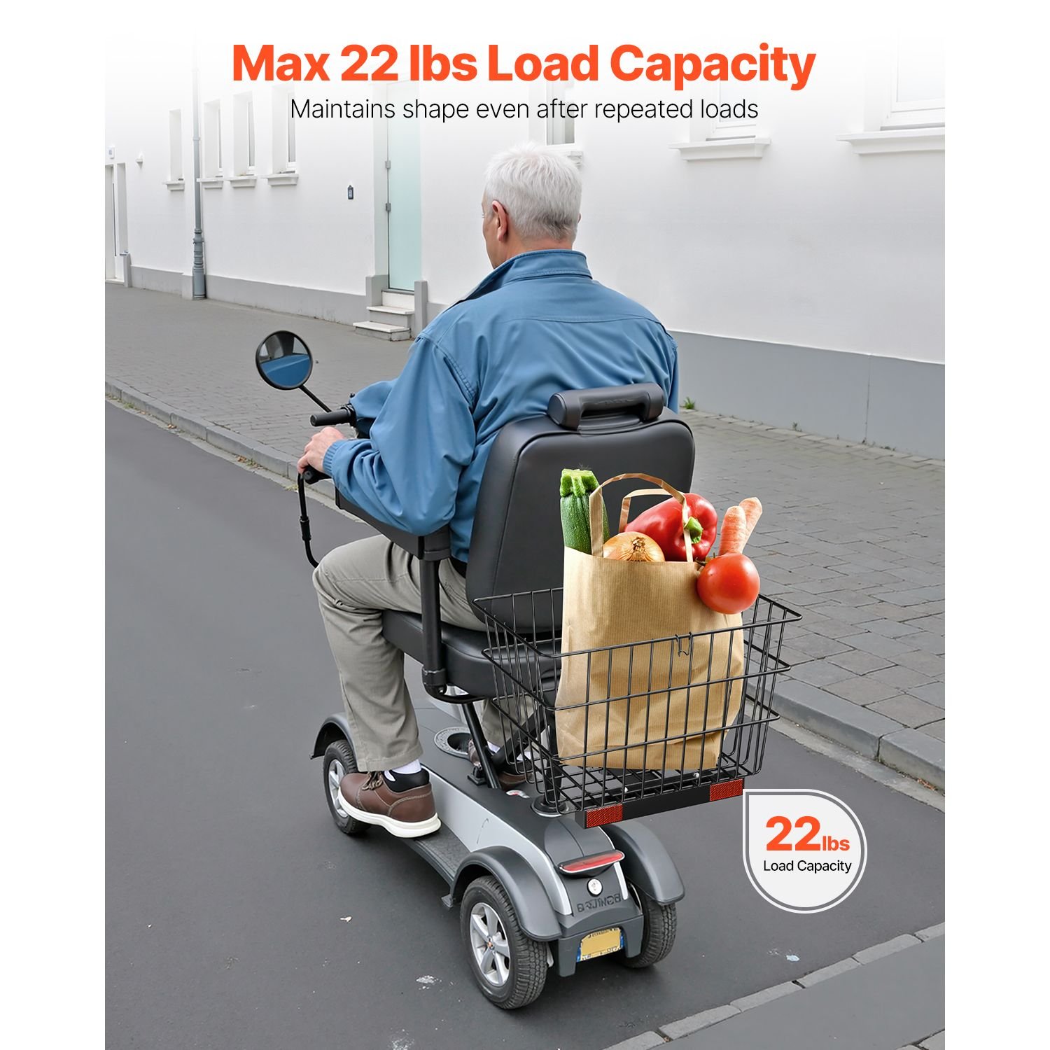 scooter rear basket, heavy duty metal wire basket with handle, spacious cargo basket, works with 1 inch receiver, compatible with most golden, drive & pride mobility scooter