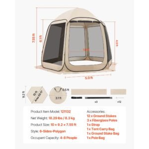 screen house tent, 10 x 9.2 ft, 4 8 person pop up screen tent, portable screened in canopy with carry bag, netting sides, ground stakes, for garden, patio, backyard, outdoor activities, beige