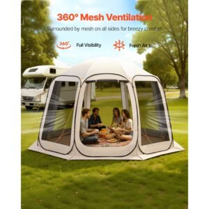 screen house tent, 12 x 11 ft, 10 12 person pop up screen tent, portable screened in canopy with carry bag, netting sides, ground stakes, for garden, patio, backyard, outdoor activities, beige
