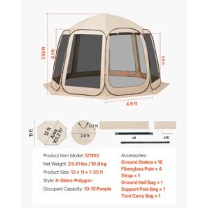 screen house tent, 12 x 11 ft, 10 12 person pop up screen tent, portable screened in canopy with carry bag, netting sides, ground stakes, for garden, patio, backyard, outdoor activities, beige